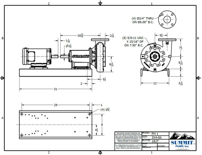 Summit Pumps Frame Mount 3x4-8 Cast Iron, Bronze Fitted, Mounted on Cast Iron Base w/2hp, 1200RPM, 230/460v Motor